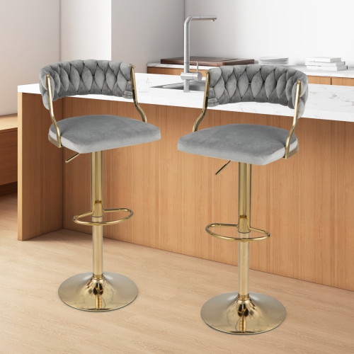 Costway Swivel Velvet Bar Stools Set of 2 Upholstered Adjustable with Woven Backrest