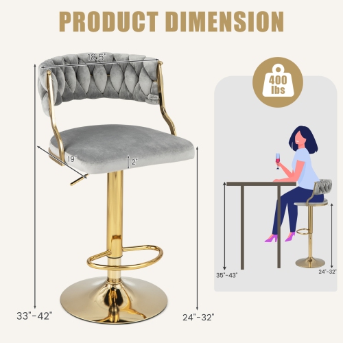 Costway Swivel Velvet Bar Stools Set of 2 Upholstered Adjustable with Woven Backrest