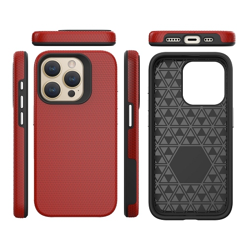 TopSave Triangle Pattern PC Back+Inner TPU Dual Layer Hybrid Case For iPhone 15 Pro Max, Red