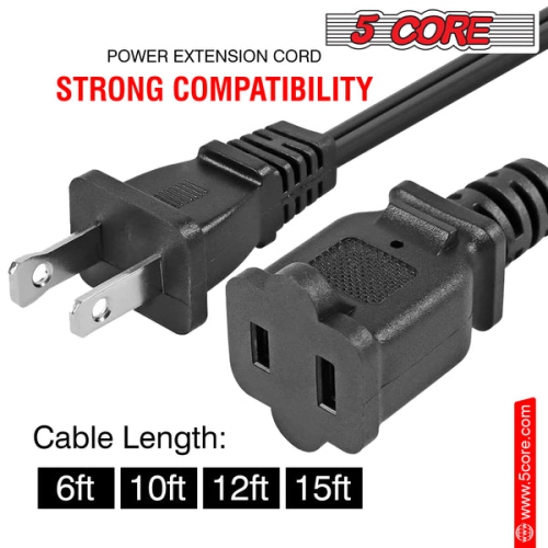 5 Core AC Power Cord 10 Ft • 2 Prong Extension Adapter • 16AWG/2C