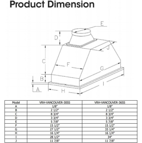 Vesta Vancouver 900CFM 30'' Wide Stainless Steel Insert Range Hood With A Flat Bottom, Single Powerful Motor, LED Lights, 4 Speeds Mechanical Buttons