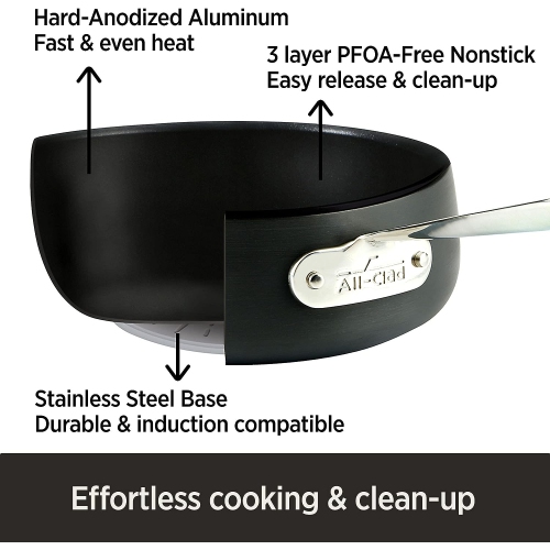 All-Clad Hard Anodized Nonstick Dishwasher Safe PFOA Free 4-Quart Saute w/lid & 10-Inch Fry pan Cookware Set, 3-Piece, Black