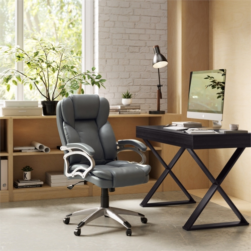 CorLiving Workspace High-Back Faux Leather Executive Chair - Steel Grey