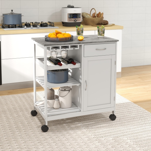 HOMCOM – Chariot de cuisine sur roulettes avec porte-bouteilles, tiroir, tablettes ouvertes, armoire et faux marbre, îlot de cuisine avec rangement,