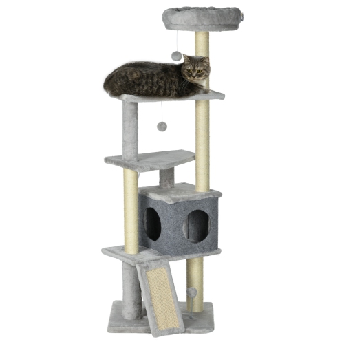 PawHut 57.5" Cat Tree with Scratching Posts, Large Cat Tower for Indoor Cats with Bed, House, Toys, Grey