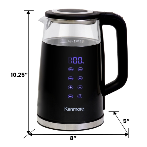Kenmore Double-Walled Glass Electric Kettle 1.7L, Digital Temperature Control With 4 Pre-Sets, Black