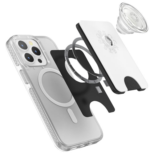 Portefeuille à prise extensible et support universel MagSafe PopWallet+ de PopSockets - Blanc/Transparent
