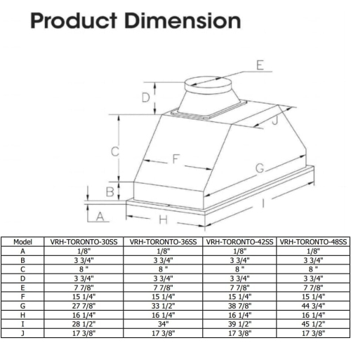 Vesta Toronto 1000CFM 30'' Wide Stainless Steel Insert Range Hood With A Bevel Bottom, 2 Strong Motors, Mechanical Buttons Control, Dishwasher