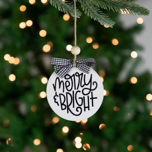 Wooden "Merry & Bright" Disc Christmas Ornament with Plaid Bow - 4" - Black and White