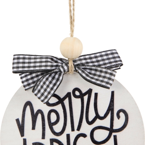 Wooden "Merry & Bright" Disc Christmas Ornament with Plaid Bow - 4" - Black and White