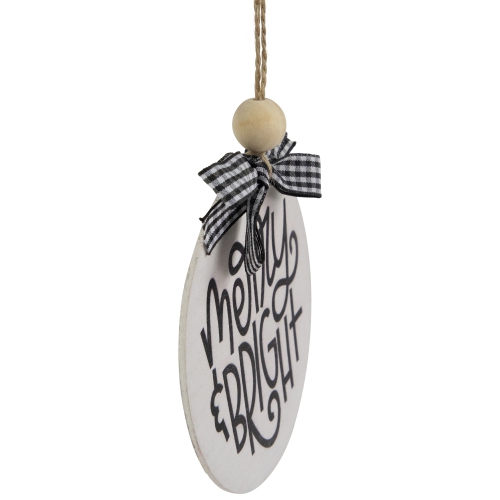 Wooden "Merry & Bright" Disc Christmas Ornament with Plaid Bow - 4" - Black and White
