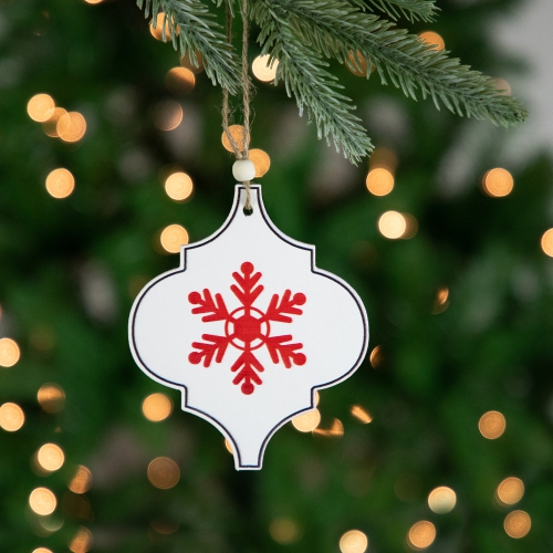Wooden Bauble Christmas Ornament with Snowflake Design - 4.5" - White and Red