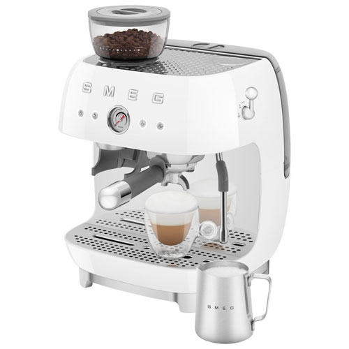 Machine à espresso manuelle de Smeg avec mousseur et moulin à café - Blanc