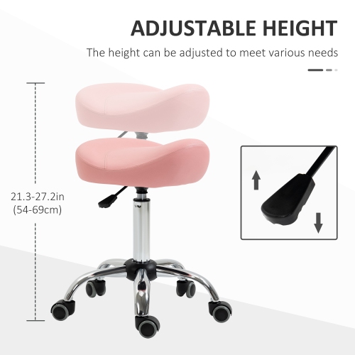 HOMCOM Saddle Stool, Height Adjustable Rolling Salon Chair with PU Leather for Massage, Spa, Clinic, Beauty and Tattoo, Pink