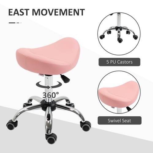 HOMCOM Saddle Stool, Height Adjustable Rolling Salon Chair with PU Leather for Massage, Spa, Clinic, Beauty and Tattoo, Pink
