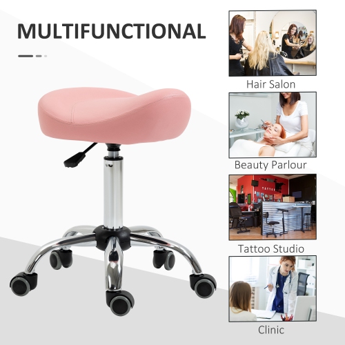 HOMCOM Saddle Stool, Height Adjustable Rolling Salon Chair with PU Leather for Massage, Spa, Clinic, Beauty and Tattoo, Pink