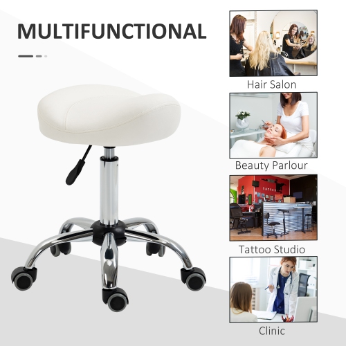 HOMCOM Saddle Stool, Height Adjustable Rolling Salon Chair with PU Leather for Massage, Spa, Clinic, Beauty and Tattoo, White