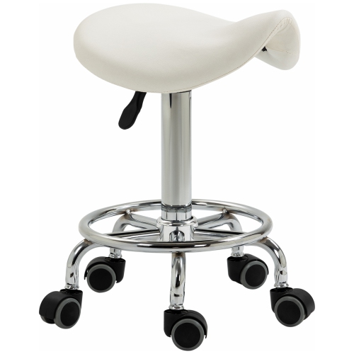 HOMCOM Saddle Stool, PU Leather Adjustable Rolling Salon Chair for Massage, Spa, Clinic, Beauty and Tattoo, White