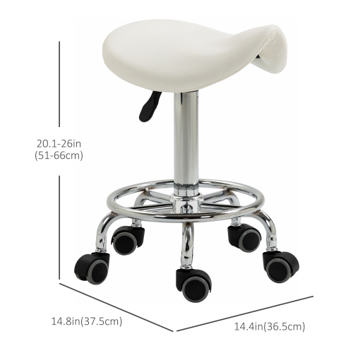 HOMCOM Saddle Stool, PU Leather Adjustable Rolling Salon Chair for Massage, Spa, Clinic, Beauty and Tattoo, White