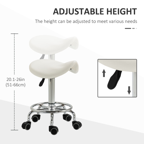 HOMCOM Saddle Stool, PU Leather Adjustable Rolling Salon Chair for Massage, Spa, Clinic, Beauty and Tattoo, White