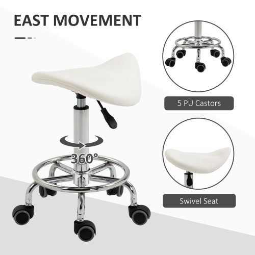 HOMCOM Saddle Stool, PU Leather Adjustable Rolling Salon Chair for Massage, Spa, Clinic, Beauty and Tattoo, White