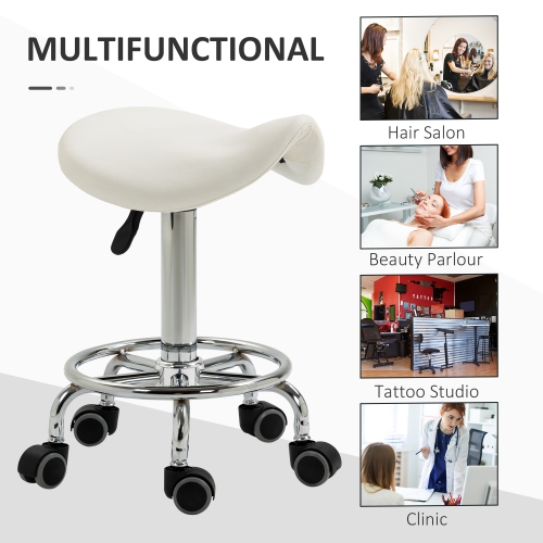 HOMCOM Saddle Stool, PU Leather Adjustable Rolling Salon Chair for Massage, Spa, Clinic, Beauty and Tattoo, White