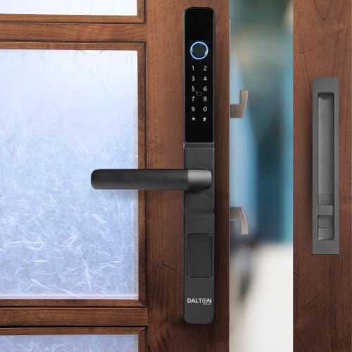 Image 1 de 2.. Serrure intelligente sans perceuse de DALTON conçue pour portes coulissantes en verre 10-12&nbsp;mm pavé numérique Bluetooth à empreintes digitales
