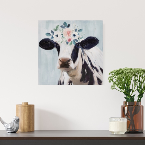 Cow with Flowers Canvas Wall Art, 17.5" x 17.5"