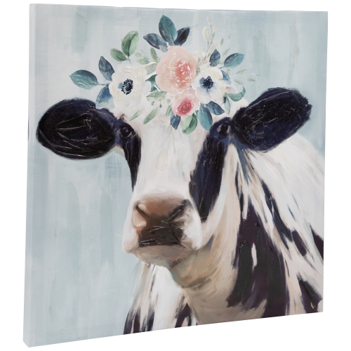 Cow with Flowers Canvas Wall Art, 17.5" x 17.5"