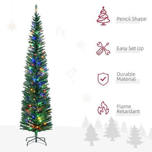 HOMCOM 7.5ft Tall Pencil Prelit Artificial Christmas Tree Holiday Décor with Branches, Colourful LED Lights, Steel Base, Green