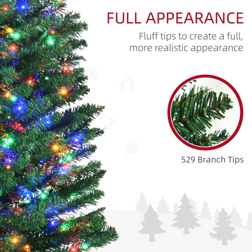 HOMCOM 7.5ft Tall Pencil Prelit Artificial Christmas Tree Holiday Décor with Branches, Colourful LED Lights, Steel Base, Green