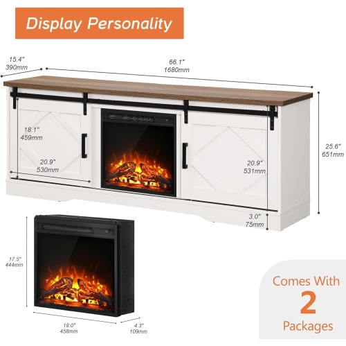 WAMPAT Fireplace TV Stand with Sliding Barn Door, Entertainment Center for TVs Up to 75 inches, for Living Room,White