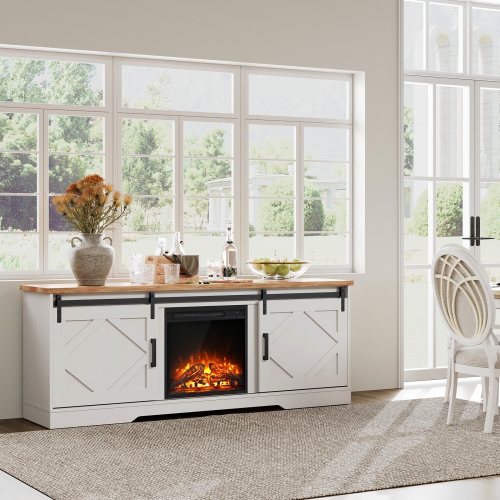 WAMPAT Fireplace TV Stand with Sliding Barn Door, Entertainment Center for TVs Up to 75 inches, for Living Room,White
