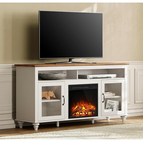 WAMPAT Farmhouse TV Stand with 18'' Electric Fireplace Insert, Wood Media Entertainment Center with Glass Door, Storage Cabinet Console Table for TVs