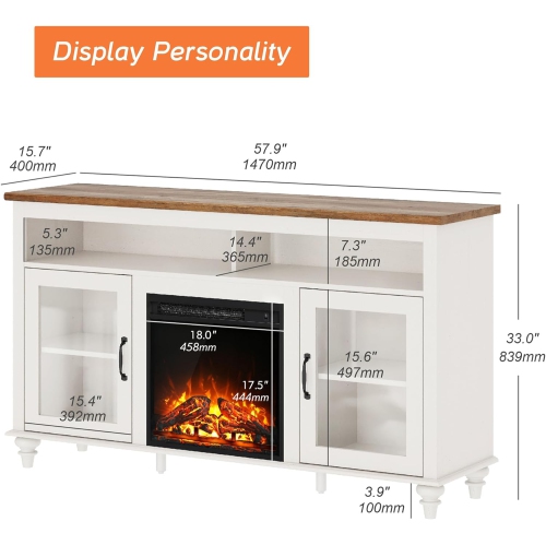 WAMPAT Farmhouse TV Stand with 18'' Electric Fireplace Insert, Wood Media Entertainment Center with Glass Door, Storage Cabinet Console Table for TVs