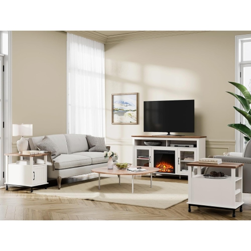 WAMPAT Farmhouse TV Stand with 18'' Electric Fireplace Insert, Wood Media Entertainment Center with Glass Door, Storage Cabinet Console Table for TVs