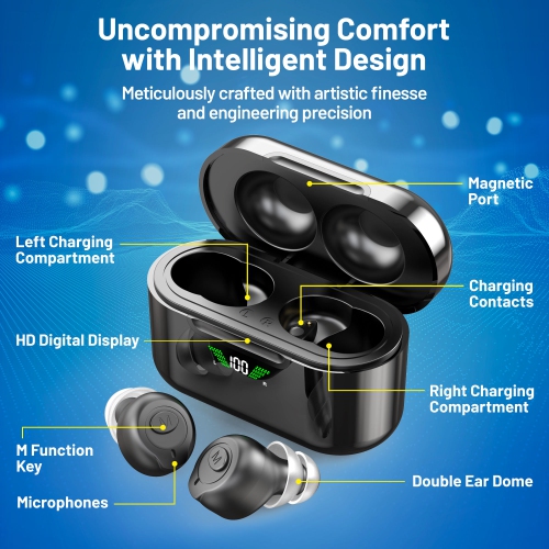 Rechargeable Bluetooth Hearing Amplifiers for Seniors & Adults â€“ Digital PSAP Pair, Active Noise Cancelling, HD LCD Charging Case, No Programming