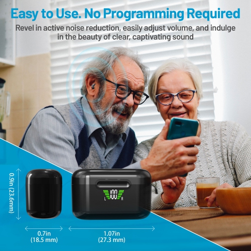 Rechargeable Bluetooth Hearing Amplifiers for Seniors & Adults â€“ Digital PSAP Pair, Active Noise Cancelling, HD LCD Charging Case, No Programming