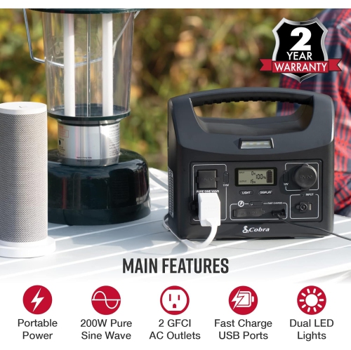 Cobra 200W Power Station - Portable Power, Fast Charge USB, LED Flashlight, AC Outlets, 200W Pure Sine Wave, 12V Socket, AC and 12V Cables, Solar