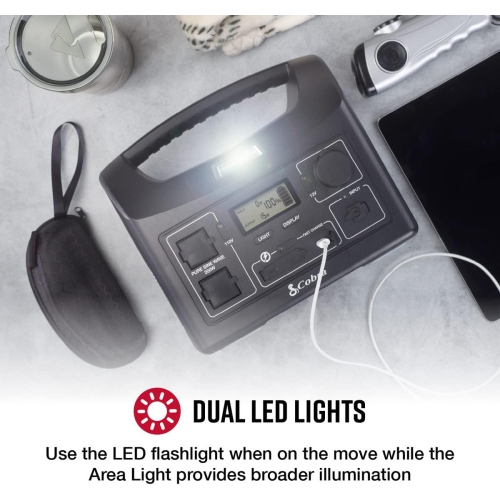 Cobra 200W Power Station - Portable Power, Fast Charge USB, LED Flashlight, AC Outlets, 200W Pure Sine Wave, 12V Socket, AC and 12V Cables, Solar