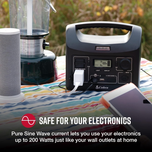 Cobra 200W Power Station - Portable Power, Fast Charge USB, LED Flashlight, AC Outlets, 200W Pure Sine Wave, 12V Socket, AC and 12V Cables, Solar