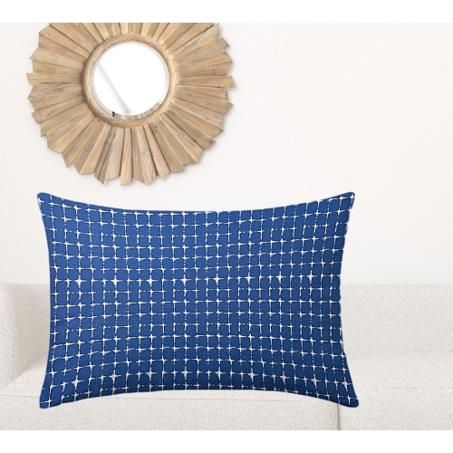 24" X 36" Blue And White Blown Seam Gingham Lumbar Indoor Outdoor Pillow