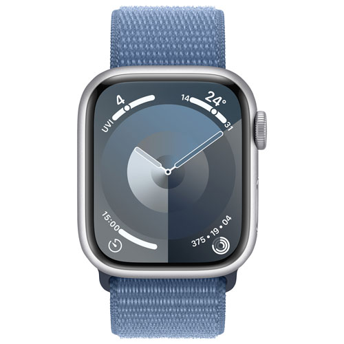 Apple Watch Series 9 avec boîtier de 41 mm en aluminium argenté et bracelet sport à rabat bleu hivernal par TELUS - Petit - Financement mensuel