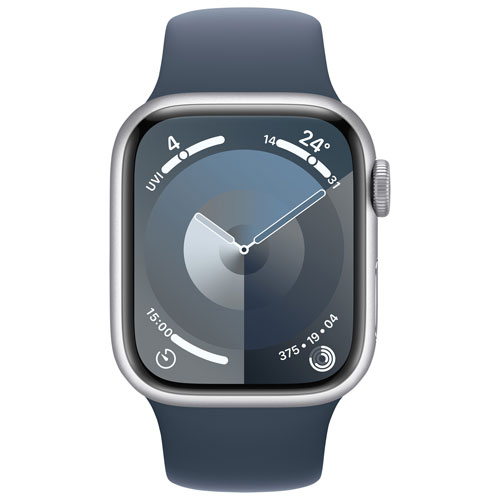 Apple Watch Series 9 avec boîtier de 41 mm en aluminium argenté et bracelet sport bleu tempête par TELUS - Moyen/Grand - Financement mensuel