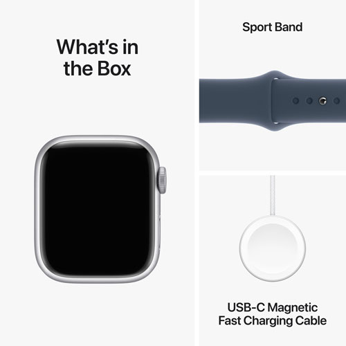 Apple Watch Series 9 avec boîtier de 41 mm en aluminium argenté et bracelet sport bleu tempête par TELUS - Moyen/Grand - Financement mensuel