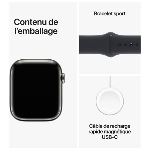 Apple Watch Series 9 45 mm en acier inoxydable graphite et bracelet de sport minuit de TELUS - P/M - Financement mensuel