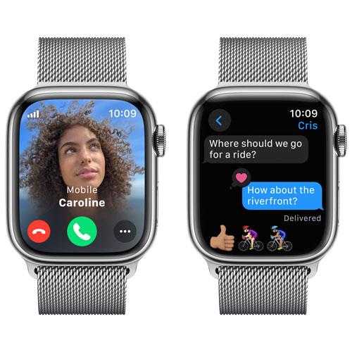 Apple Watch Series 9 (GPS + Cellular) avec boîtier de 41 mm en acier inoxydable argenté et bracelet milanais en acier inoxydable argenté par Rogers - Petit - Financement mensuel