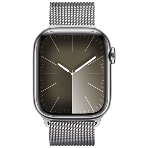 Apple Watch Series 9 avec boîtier de 41 mm en acier inoxydable argenté et bracelet milanais en acier inoxydable argenté par TELUS - Petit -