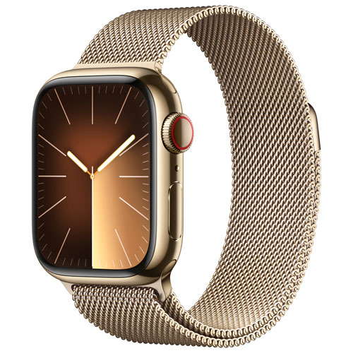 Apple Watch Series 9 avec boîtier de 41 mm en acier inoxydable doré et bracelet milanais en acier inoxydable doré par Rogers - Petit - Financement