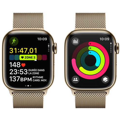 Apple Watch Series 9 avec boîtier de 41 mm en acier inoxydable doré et bracelet milanais en acier inoxydable doré par TELUS - Petit - Financement